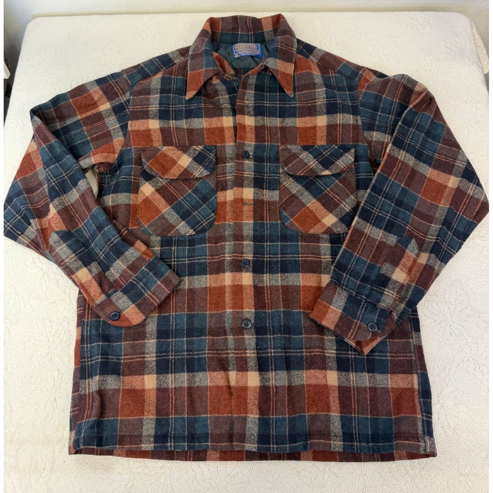 Vintage Pendleton Board Shirt Wool Plaid Flannel Loop Collar 70s Rust Blue Men M
